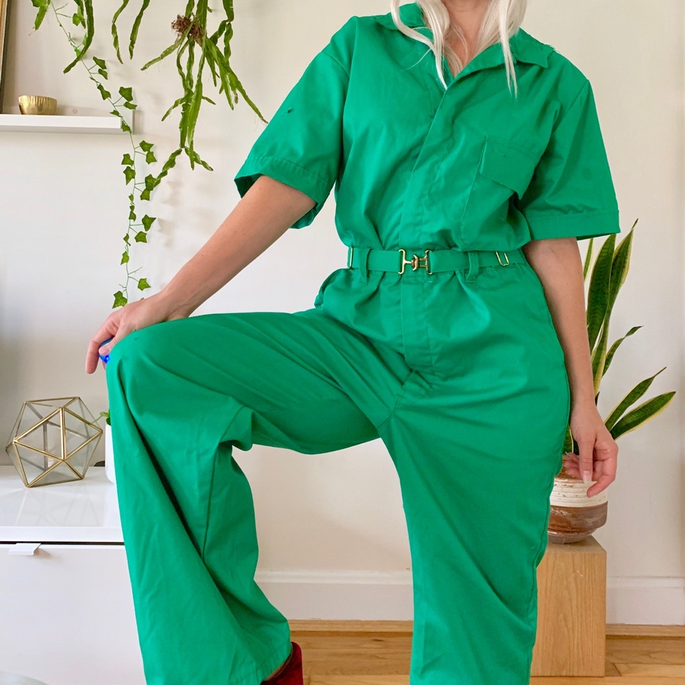 Vintage 60s green coveralls mechanic utility M/L - Picture 2 of 8